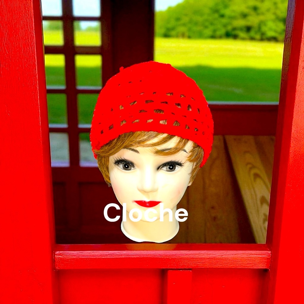 Red handmade Crochet Beanie/cloche. Soft & warm.